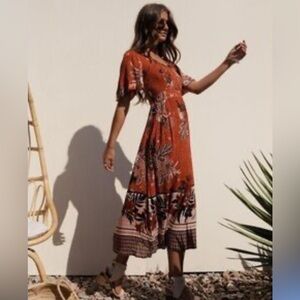 Bohme Rust Floral Midi Dress